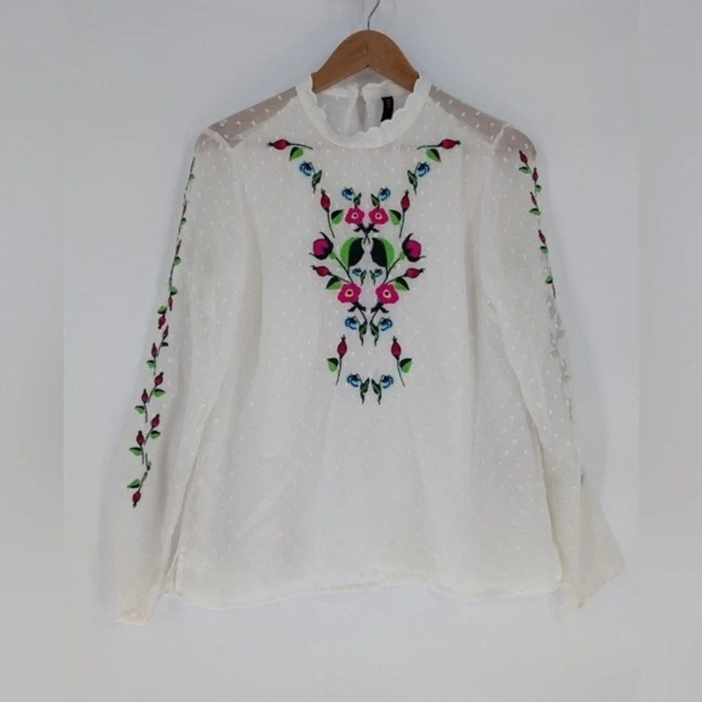 Y.A.S Yasmolia White Swiss‎ Dot Floral Embroidered High Neck Blouse Top Size M